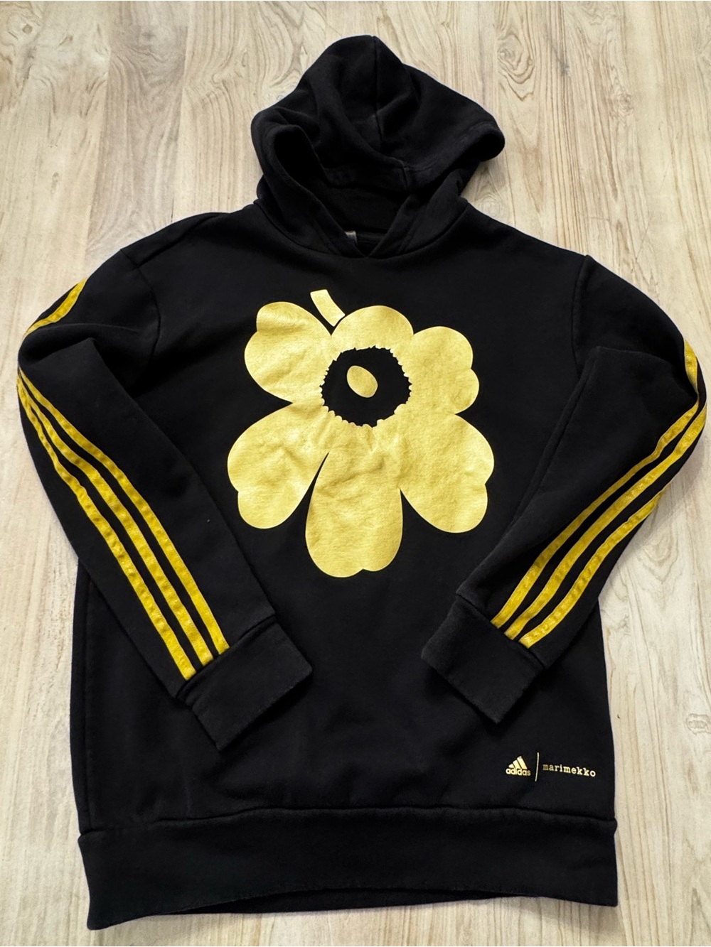 adidas Primegreen Marimekko Black Crewneck Sweatshirt with Gold Flower Graphic